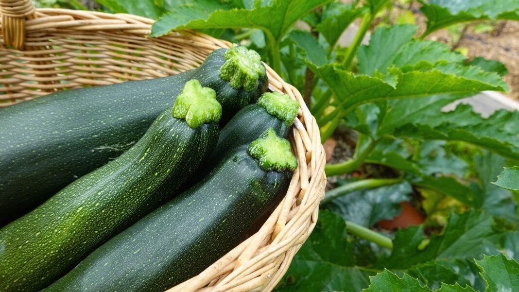 A close-up and overhead shot of several freshly harvested green crops placed in a wicker basket, showcasing when to harvest zucchini