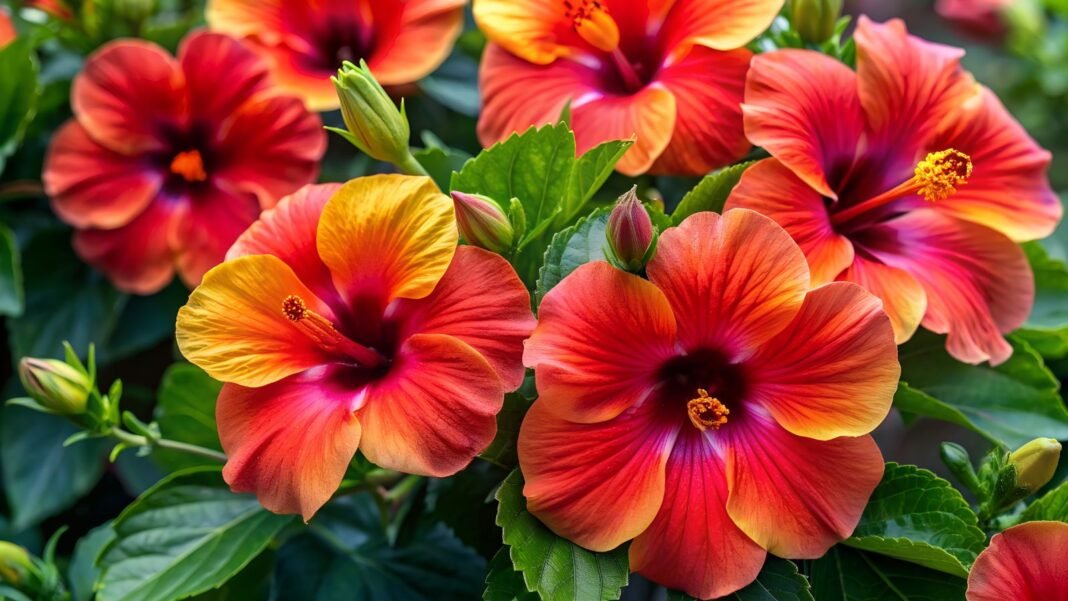 A healthy bush with multiple vibrant blooms, which makes knowing where to plant hibiscus