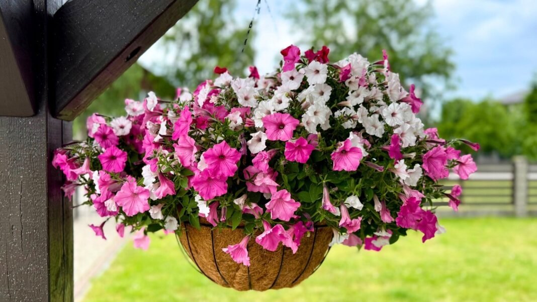 A hanging basket overflows with a dense mix of white, fuchsia, and pale pink bell-shaped flowers with ruffled petals, showcasing perennial hanging basket plants.
