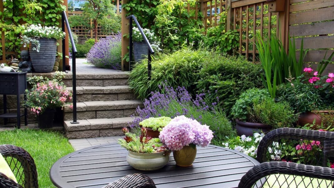 A close-up shot of a large composition of flowers and plants in a cozy townhouse yard area, showcasing how to grow a year-round perennial garden