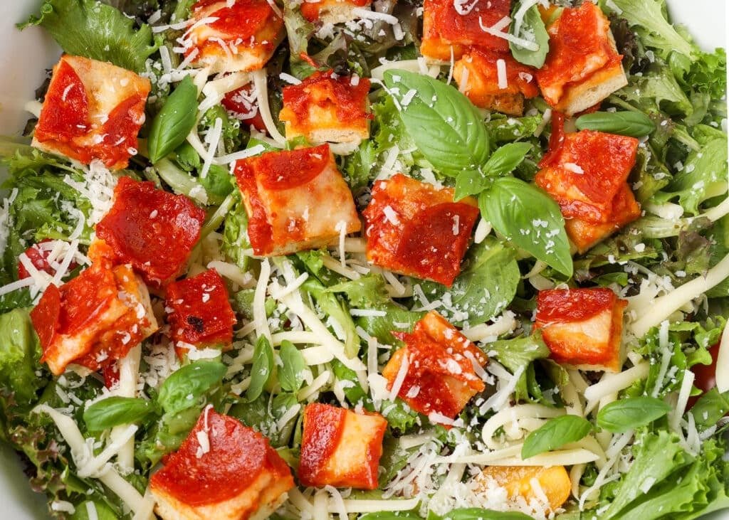 Pizza-Salad-BFK-6-1024x731.jpg close up horizontal photo of salad with pizza croutons