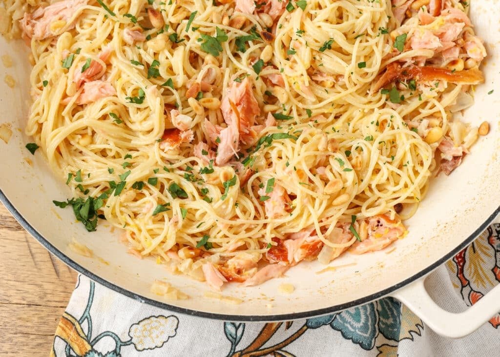 close up photo of pasta in enamel pot