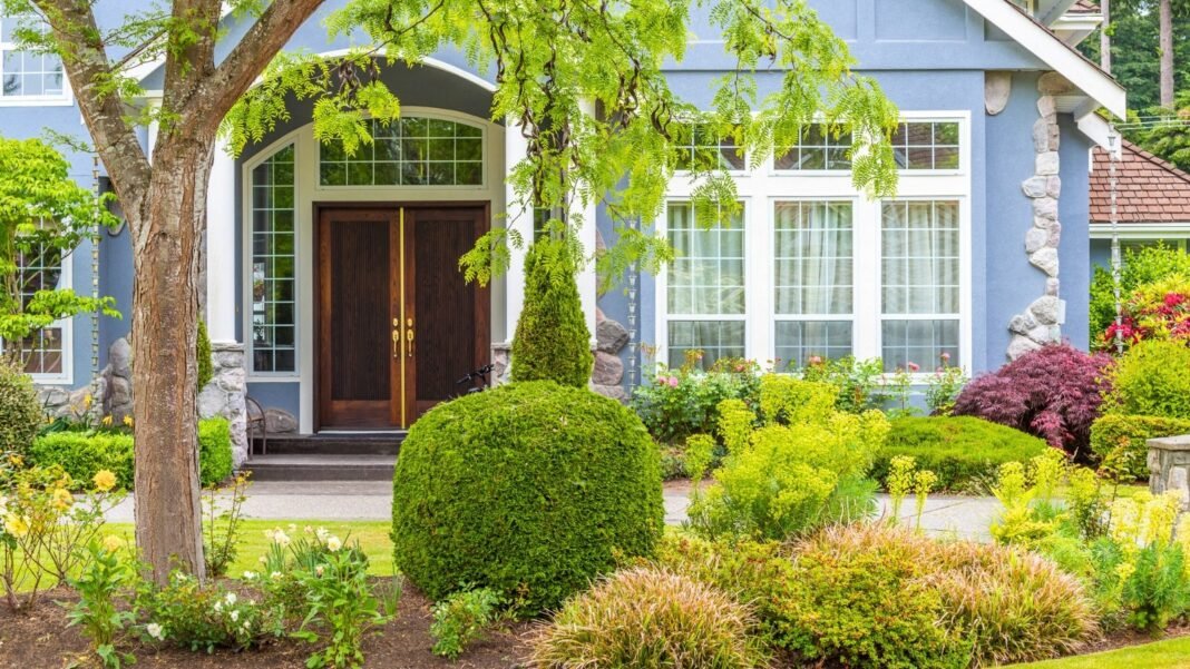 A neat, well-structured landscape in front of a large soft blue house with various evergreen shrubs, well-trimmed boxwoods, flowering perennials and bulbs, ornamental grasses and tall trees, showing one of the easy home landscape ideas.