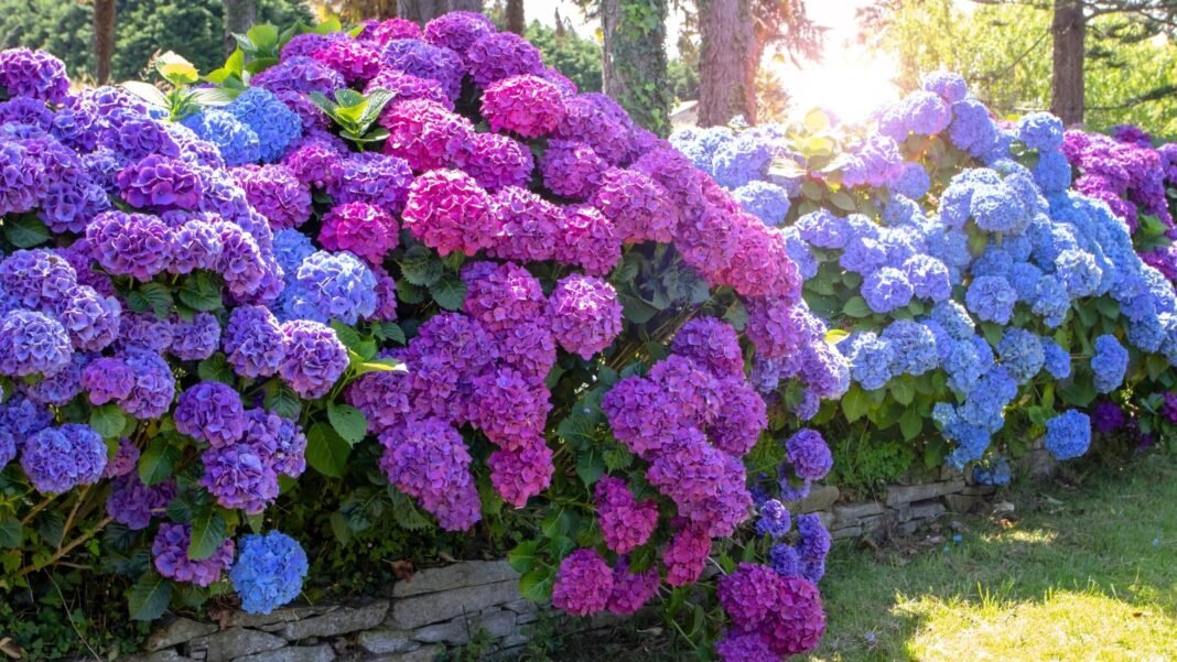 A vibrant display of large, rounded flower clusters in shades of purple and blue with green foliage on a thriving shrub that can be planted in August.
