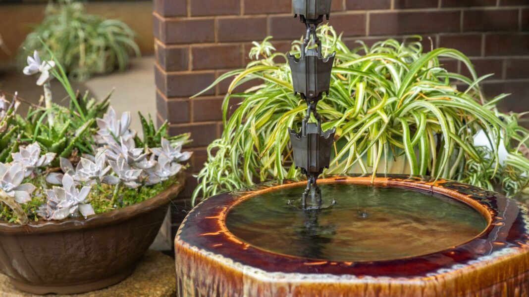 A-planned-vertical-rain-garden-with-a-gutter-chain-surrounded-by-different-plants.jpg A planned vertical rain garden with a gutter chain surrounded by different plants, with containers meant to collect rainwater