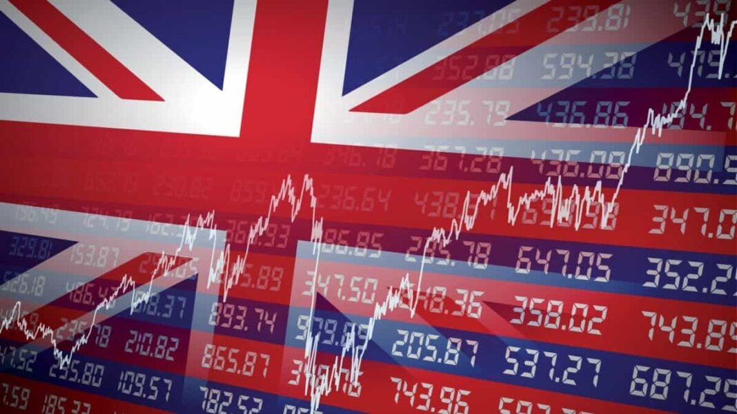 Are the UK and US stock markets about to crash? UK financial background: share prices and stock graph overlaid on an image of the Union Jack