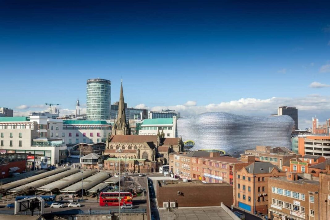 View of the Birmingham skyline including the church of St Martin, the Bullring shopping centre and the outdoor market.