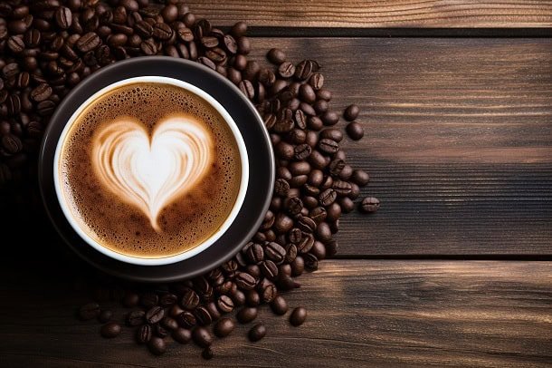 A cup of coffee with a white heart in the foam and coffee beans strewn around the cup.