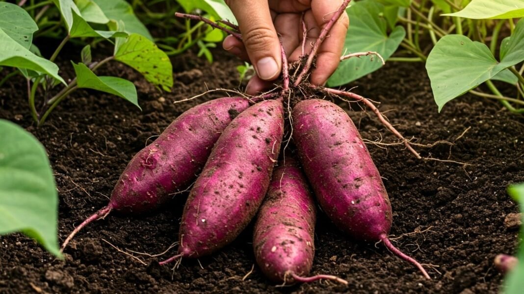 A gardener’s hand holds several freshly dug purple sweet potatoes with smooth, elongated, irregular shapes and rich violet skin, showing off their fall root vegetables.