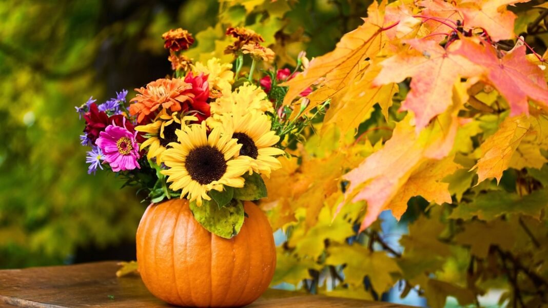 foraged-fall-decor.jpg A large, hollowed-out pumpkin used as a vase for mixed zinnias and sunflowers, creating a warm example of foraged fall decor.