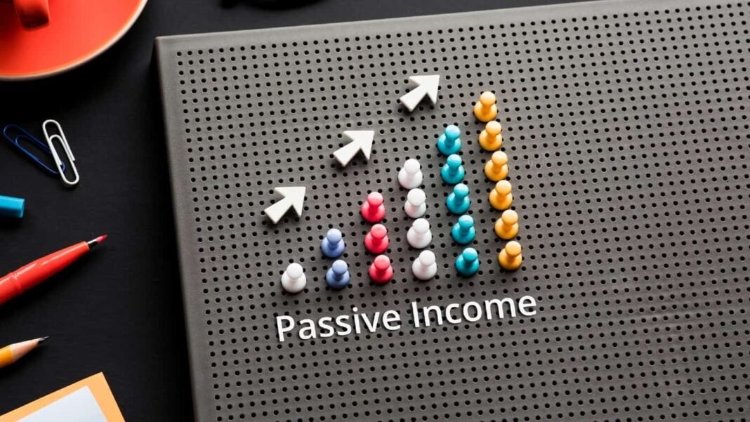 Hybrid passive income plan starting in November Passive income text with pin graph chart on business table