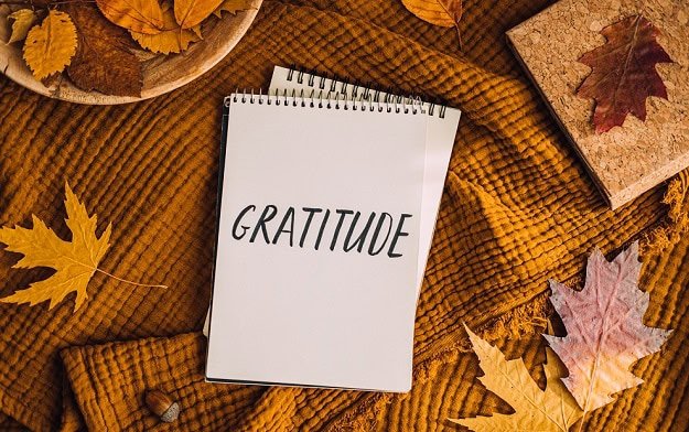 A notebook with the word gratitude written on it and fall leaves around the notebook.
