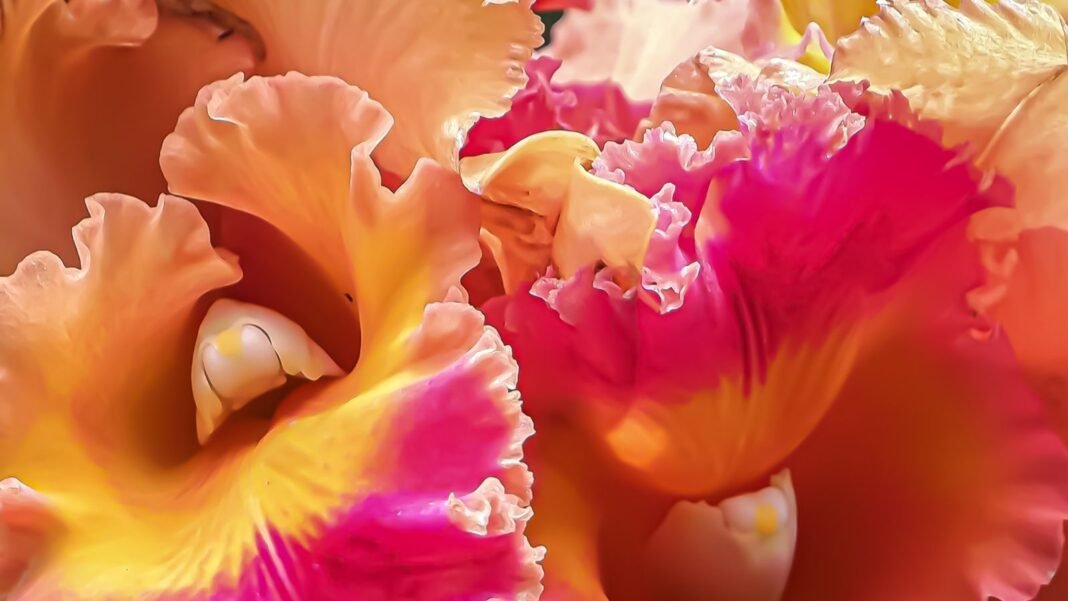 One of the Orchids fragrance that smells strong, the blooms having ruffled soft petals with pink and peach hues