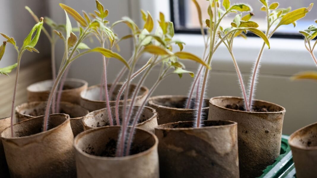 A close-up shot of a small composition of developing seedlings of a crop, all placed in DIY containers, showcasing how to start seeds toilet paper rolls