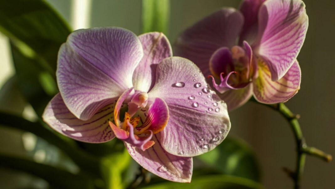 A close-up shot of a small composition of vibrant pink flowers with droplets of water, showcasing low-light orchids