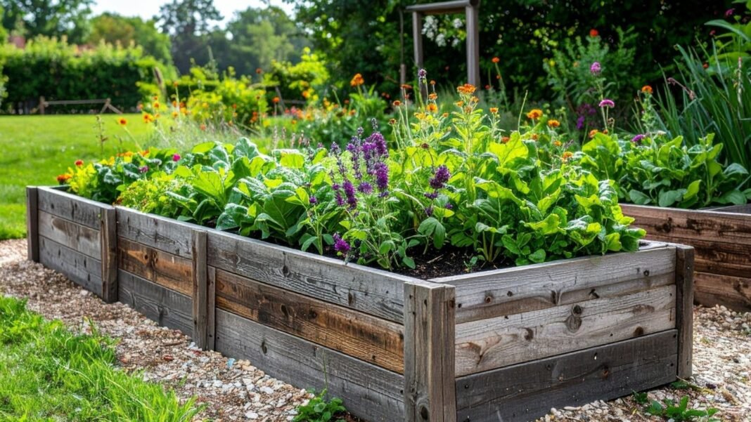 A-close-up-shot-of-a-large-composition-of-various-plants-and-flowers-all-placed-on-a-large-wooden-pl.jpeg A close-up shot of a large composition of various plants and flowers, all placed on a large wooden planter, showcasing raised beds last longer