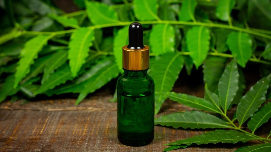 A-close-up-shot-of-a-small-green-colored-vial-filled-with-liquid-placed-on-a-wooden-surface-alongsid.jpeg A close-up shot of a small green colored vial filled with liquid, placed on a wooden surface alongside leaves of a plant, showcasing neem oil hurt plants