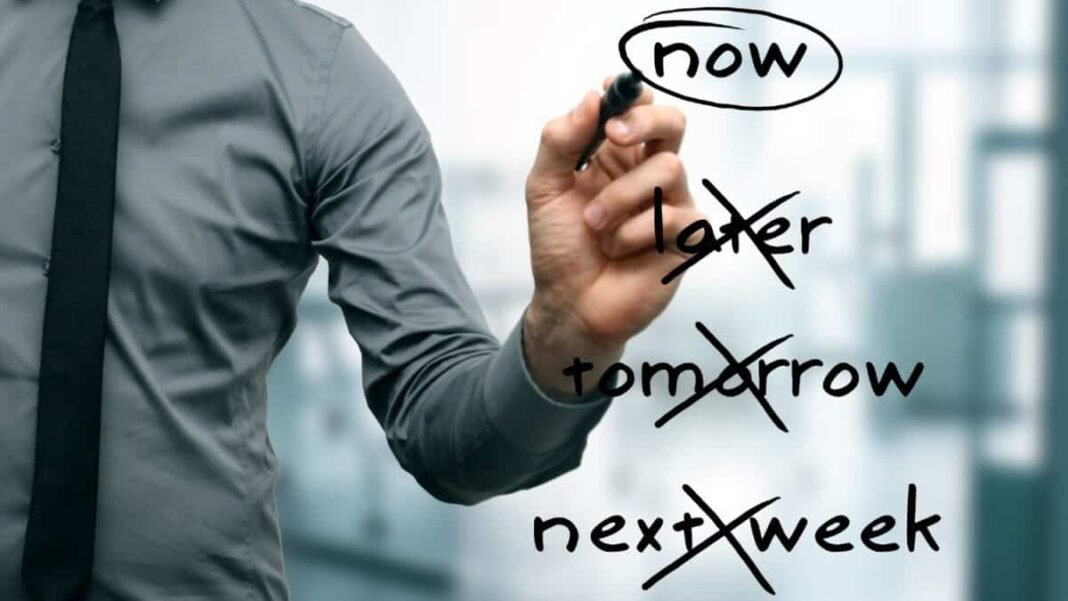 When is the best time to buy stocks? it might Man writing 'now' having crossed out 'later', 'tomorrow' and 'next week'