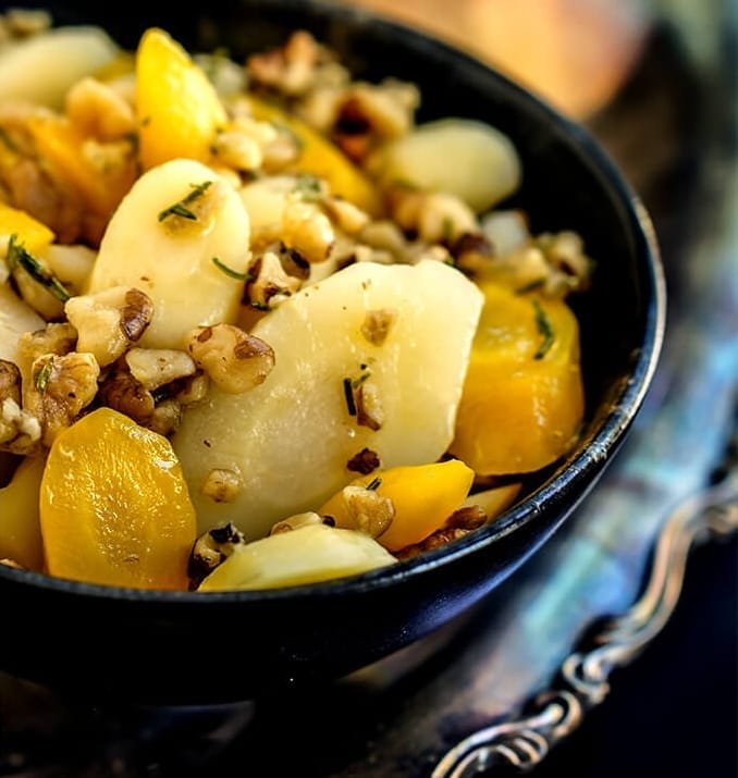 vegan parsnips with rosemary butter and walnuts