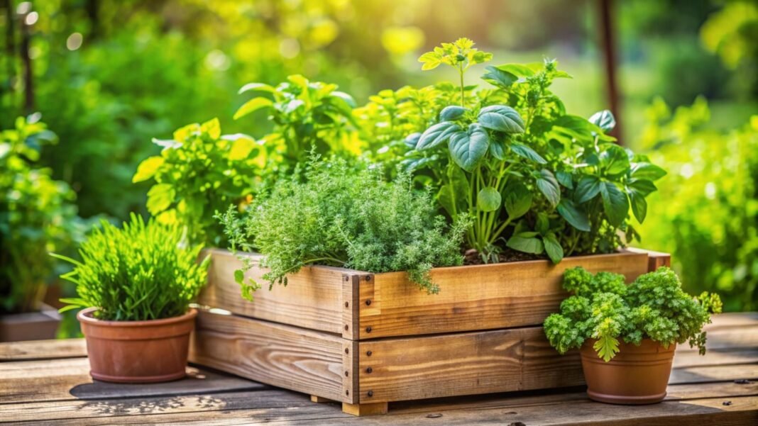 A-crate-of-plants-meant-to-grow-herbs-indoors-vs.-outdoors.jpg A crate of plants meant to grow herbs indoors vs. outdoors, surrounded by other greens and pots containing a variety of herbs