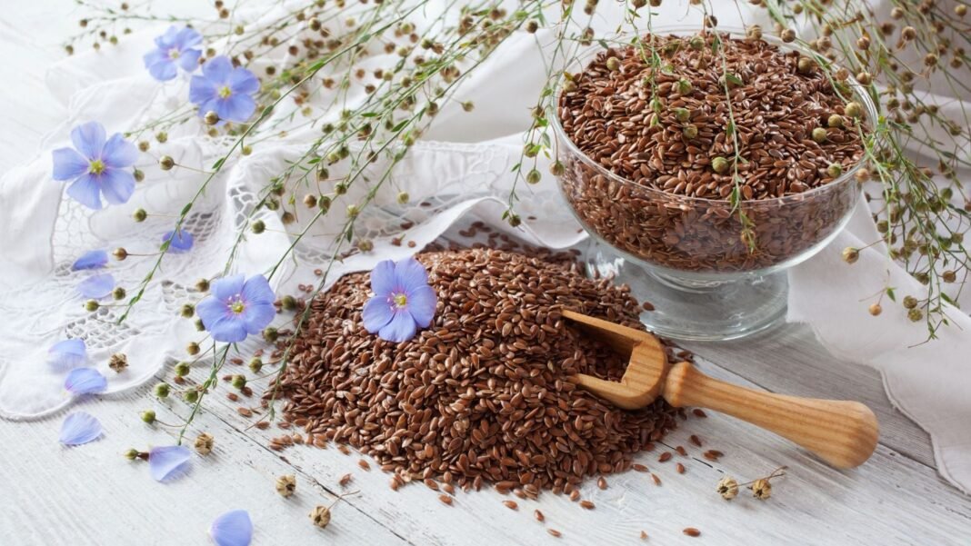 A close-up shot of a pile and a container of brown colored ovule, beside blue flowers on thin stems, showcasing how to grow flaxseeds