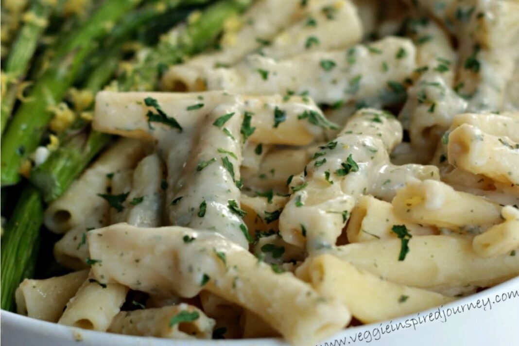 Creamy Lemon Ziti With Roasted Asparagus [Vegan]