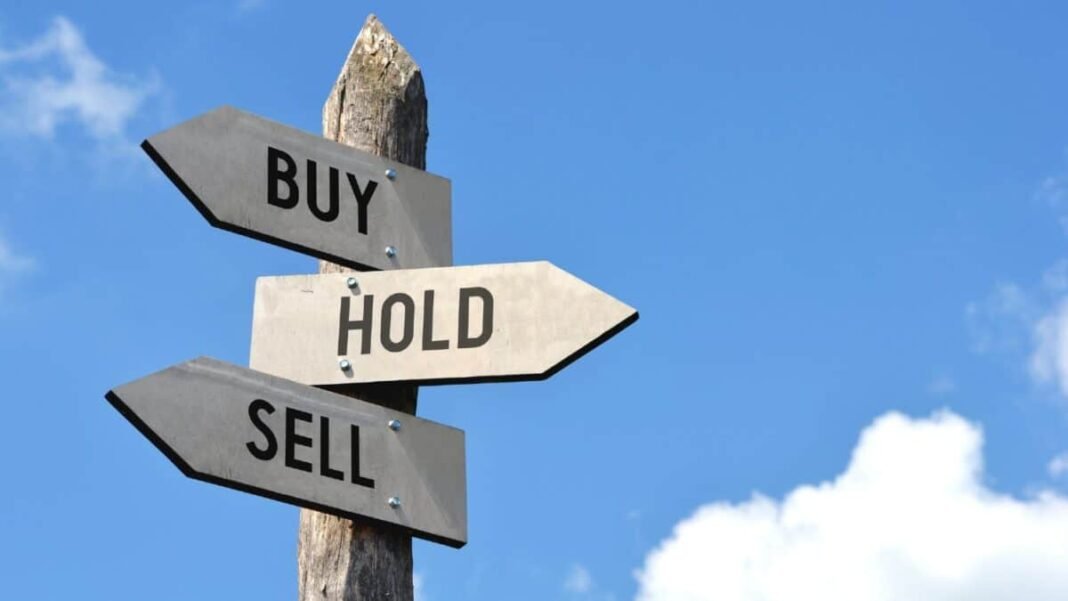 The stock market's total value to GDP ratio is 237.8%, Three signposts pointing in different directions, with 'Buy' 'Sell' and 'Hold' on